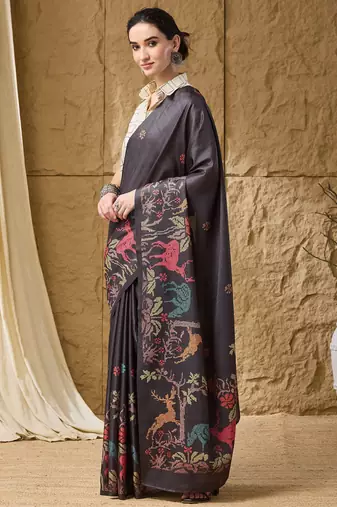 Black kalamkari silk blend ready to wear saree