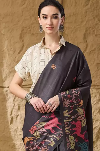 Black kalamkari silk blend ready to wear saree