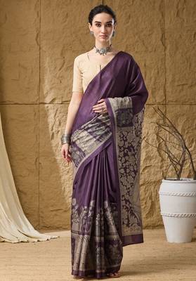 Violet floral silk blend ready to wear saree 1