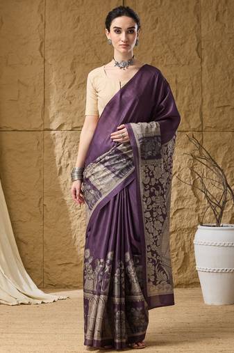 Violet floral silk blend ready to wear saree