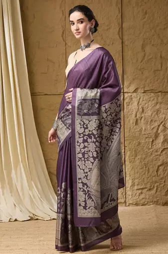 Violet floral silk blend ready to wear saree