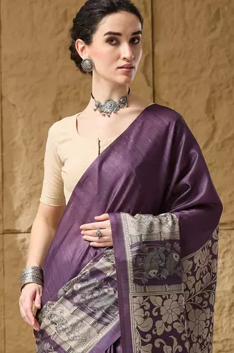 Violet floral silk blend ready to wear saree