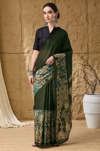 Green floral silk blend ready to wear saree