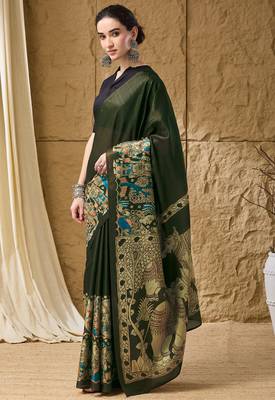 Green floral silk blend ready to wear saree 3