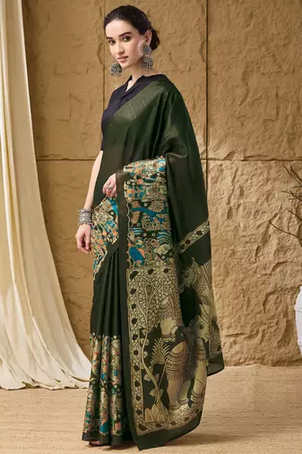 Green floral silk blend ready to wear saree