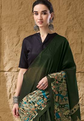 Green floral silk blend ready to wear saree 5