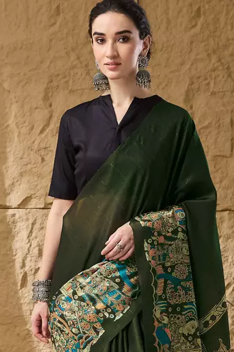 Green floral silk blend ready to wear saree