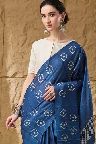 Blue floral silk blend ready to wear saree