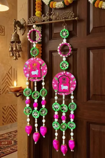 Handmade Foam Lotus MDF Cow Shubh Labh Latkan for Home Decoration Diwali Navratri Pooja Decor (Pack of 2)