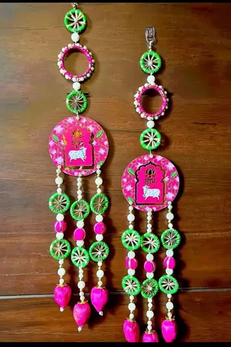 Handmade Foam Lotus MDF Cow Shubh Labh Latkan for Home Decoration Diwali Navratri Pooja Decor (Pack of 2)