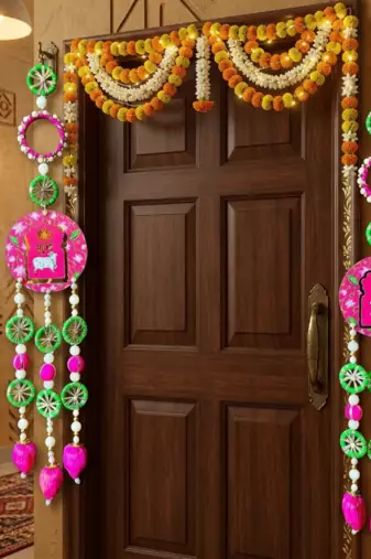 Handmade Foam Lotus MDF Cow Shubh Labh Latkan for Home Decoration Diwali Navratri Pooja Decor (Pack of 2)