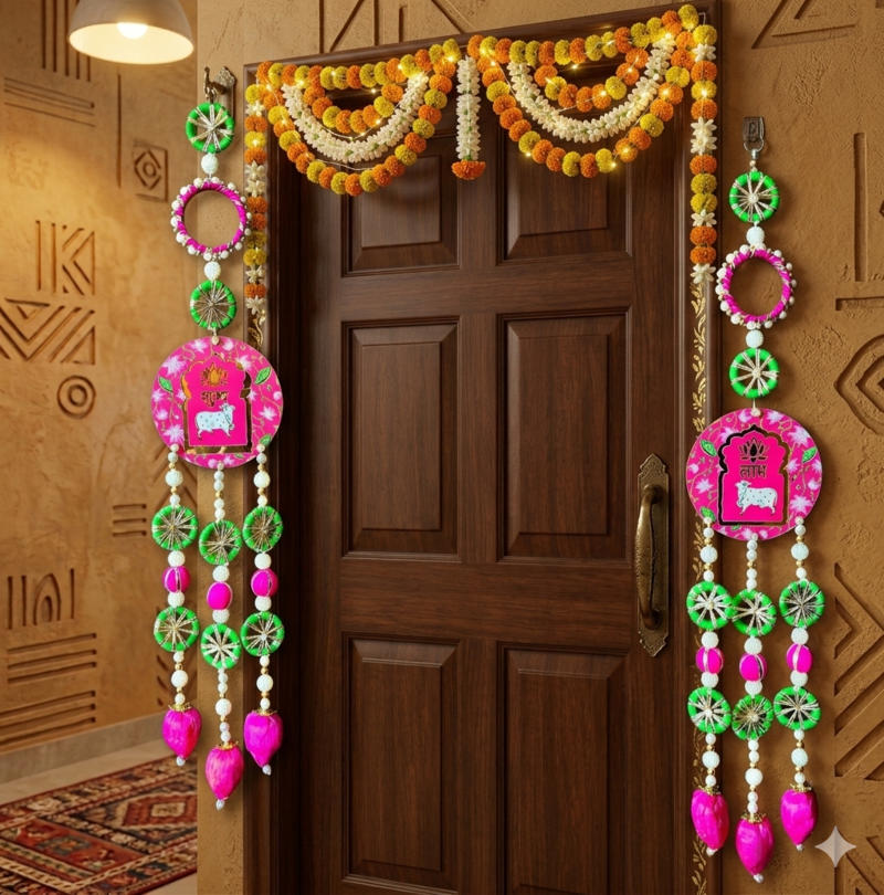 Handmade Foam Lotus MDF Cow Shubh Labh Latkan for Home Decoration Diwali Navratri Pooja Decor (Pack of 2)