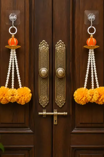 Hangings Beautiful Decoration for Every Occasion Pearl Finish Beads with Marigold Diwali Decoration (Pack of 5)