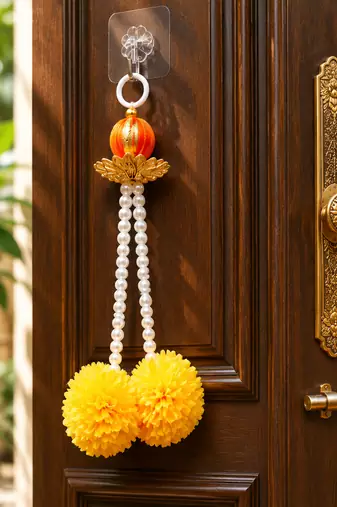 Hangings Beautiful Decoration for Every Occasion Pearl Finish Beads with Marigold Diwali Decoration (Pack of 5)