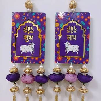MDF Cow Shubh Labh Door Hanging | Traditional Handmade Diwali Door Decor Hanging (Pack of 2) 1