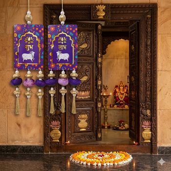 MDF Cow Shubh Labh Door Hanging | Traditional Handmade Diwali Door Decor Hanging (Pack of 2) 2