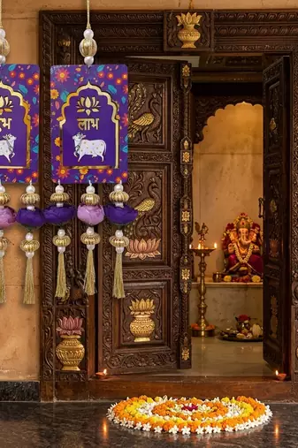MDF Cow Shubh Labh Door Hanging | Traditional Handmade Diwali Door Decor Hanging (Pack of 2)