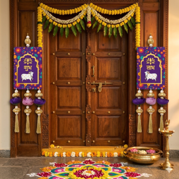 MDF Cow Shubh Labh Door Hanging | Traditional Handmade Diwali Door Decor Hanging (Pack of 2) 3