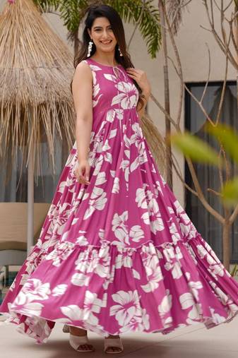 Rayon floral printed fully flared anarkali dress