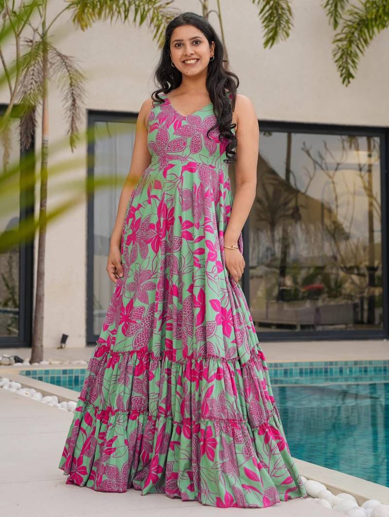 Rayon floral printed fully flared anarkali dress