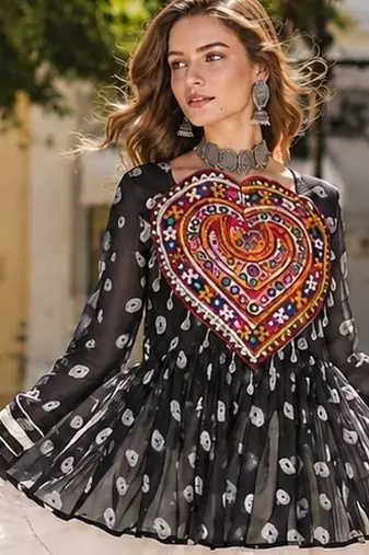 Black&White Cotton Readymade Navratri Lehenga Choli with Kutchi Gamthi Patchework