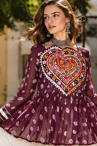 Maroon&White Cotton Readymade Navratri Lehenga Choli with Kutchi Gamthi Patchework
