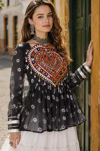 Black&White Cotton Readymade Navratri Lehenga Choli with Kutchi Gamthi Patchework