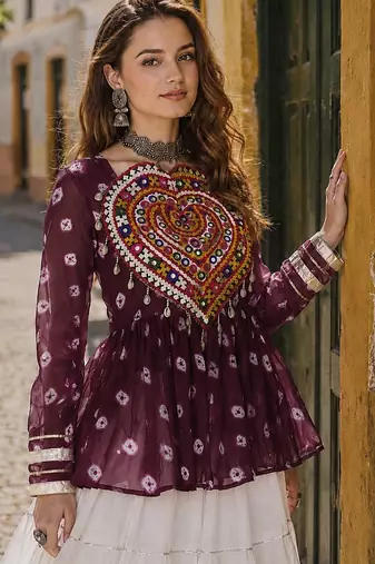 Maroon&White Cotton Readymade Navratri Lehenga Choli with Kutchi Gamthi Patchework