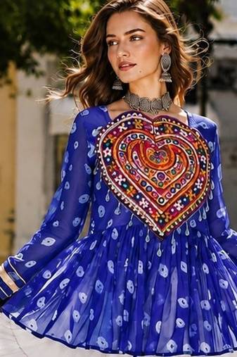 R Blue&White Cotton Readymade Navratri Lehenga Choli with Kutchi Gamthi Patchework