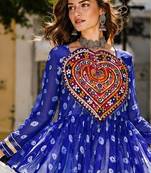 R Blue&White Cotton Readymade Navratri Lehenga Choli with Kutchi Gamthi Patchework