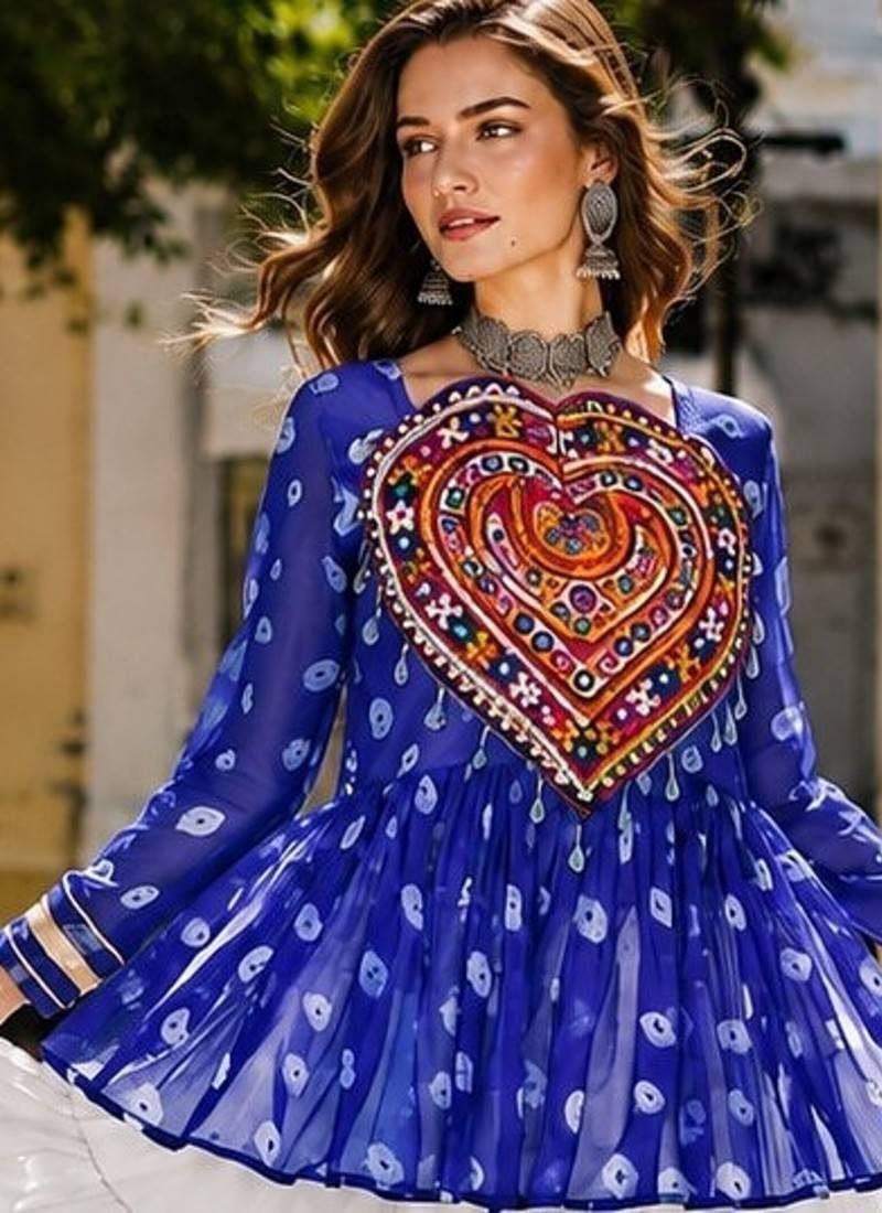 R Blue&White Cotton Readymade Navratri Lehenga Choli with Kutchi Gamthi Patchework