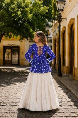 R Blue&White Cotton Readymade Navratri Lehenga Choli with Kutchi Gamthi Patchework 2