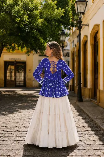 R Blue&White Cotton Readymade Navratri Lehenga Choli with Kutchi Gamthi Patchework