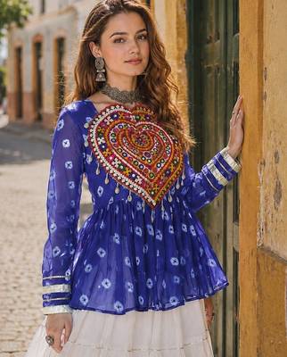 R Blue&White Cotton Readymade Navratri Lehenga Choli with Kutchi Gamthi Patchework 3