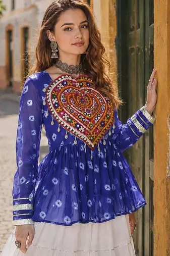 R Blue&White Cotton Readymade Navratri Lehenga Choli with Kutchi Gamthi Patchework