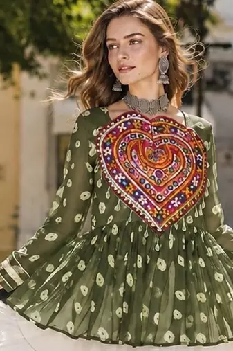 Mehendi&White Cotton Readymade Navratri Lehenga Choli with Kutchi Gamthi Patchework