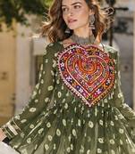 Mehendi&White Cotton Readymade Navratri Lehenga Choli with Kutchi Gamthi Patchework