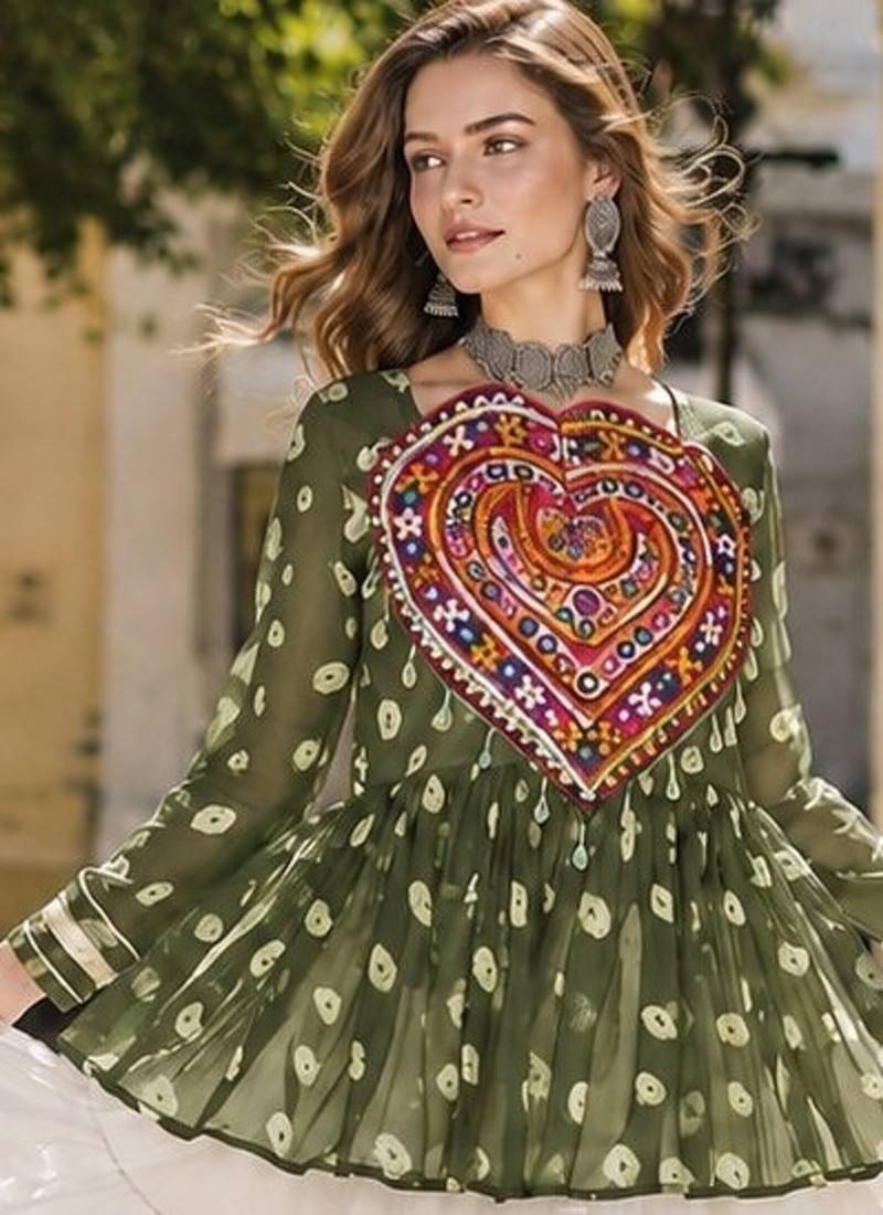 Mehendi&White Cotton Readymade Navratri Lehenga Choli with Kutchi Gamthi Patchework