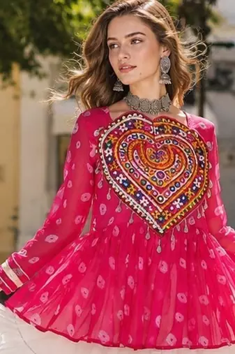 Rani&White Cotton Readymade Navratri Lehenga Choli with Kutchi Gamthi Patchework