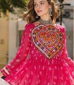 Rani&White Cotton Readymade Navratri Lehenga Choli with Kutchi Gamthi Patchework