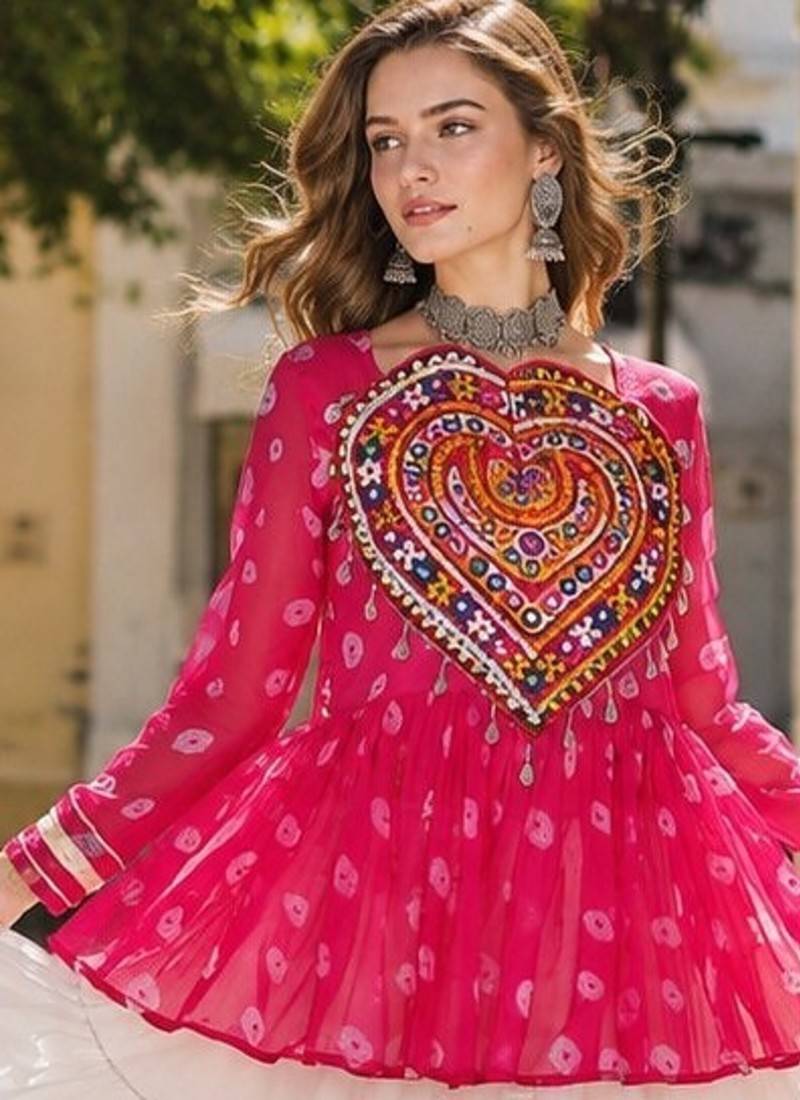 Rani&White Cotton Readymade Navratri Lehenga Choli with Kutchi Gamthi Patchework