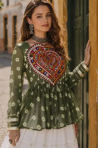 Mehendi&White Cotton Readymade Navratri Lehenga Choli with Kutchi Gamthi Patchework