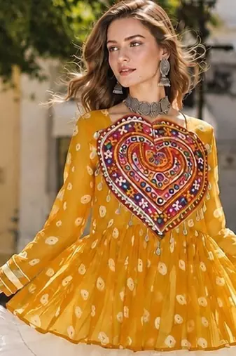 Yellow&White Cotton Readymade Navratri Lehenga Choli with Kutchi Gamthi Patchework