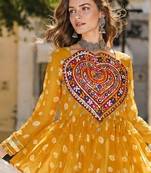 Yellow&White Cotton Readymade Navratri Lehenga Choli with Kutchi Gamthi Patchework
