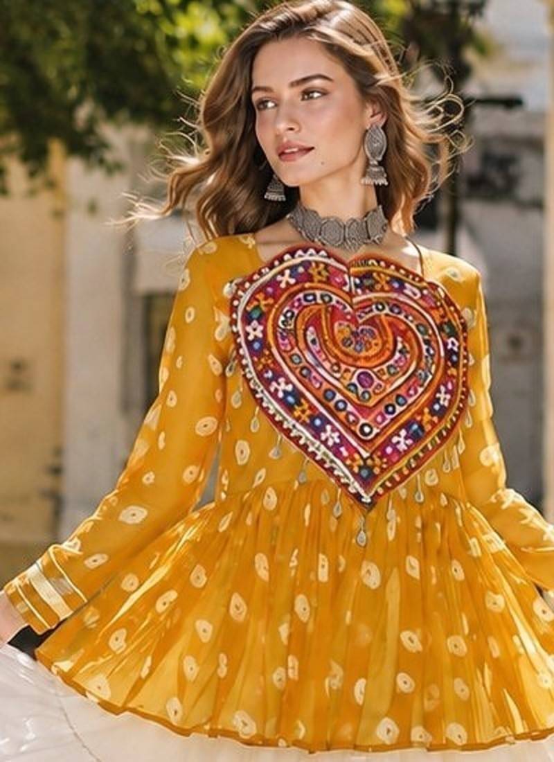 Yellow&White Cotton Readymade Navratri Lehenga Choli with Kutchi Gamthi Patchework