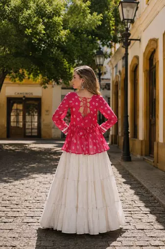 Rani&White Cotton Readymade Navratri Lehenga Choli with Kutchi Gamthi Patchework