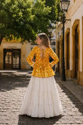 Yellow&White Cotton Readymade Navratri Lehenga Choli with Kutchi Gamthi Patchework