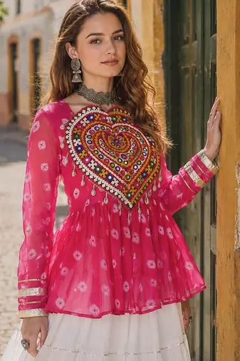 Rani&White Cotton Readymade Navratri Lehenga Choli with Kutchi Gamthi Patchework