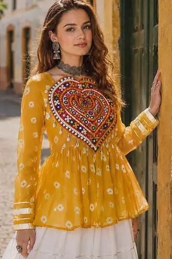 Yellow&White Cotton Readymade Navratri Lehenga Choli with Kutchi Gamthi Patchework