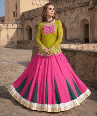 Olive&Pink Rayon Readymade Navratri Lehenga Choli with Kutchi Gamthi Work 1